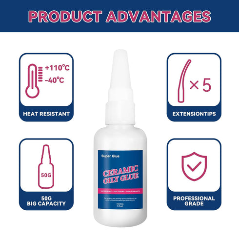 Ceramic Glue, 50g Clear Super Glue for Porcelain and Pottery Repair, Fast Drying | Heat Resistant | Waterproof, Instant Strong Glue for Bonding Ce...