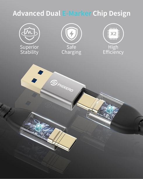 PHIXERO USB C to USB C Cable (100W/20Gbps/3.3Ft), 4K@60Hz Video Output Type-C cable, 2-in-1 USB-A/C to USB-C Cable, USB C 3.2 Gen 2×2 Cable for Ma...