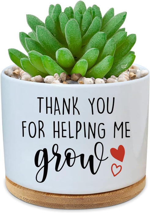 Funny Ceramic Succulent Cactus Planter Pot with Bamboo Saucers - Thank You for Helping Me Grow, Cactus Plant Office Garden for Teacher, Mom, Grand...