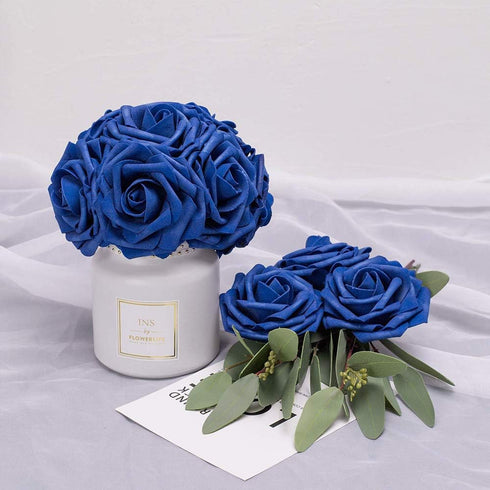 Artificial Flowers 25pcs Real Looking Royal Blue Foam Fake Roses with Stems for DIY Wedding Bouquets White Bridal Shower Centerpieces Arrangements...