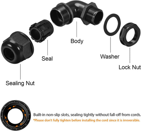 LeMotech M12 Cable Gland, 90 Degree Adjustable 4-8mm Strain Relief, Cord Connectors Nylon Joints with Gaskets, 2 Pcs, Black...