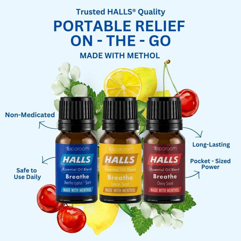 Halls Breathe Essential Oil Variety Pack – Mentho-Lyptus, Lemon, Cherry – Menthol Essential Oil for Relaxing Ambiance, Menthol Oil with Uplifting ...