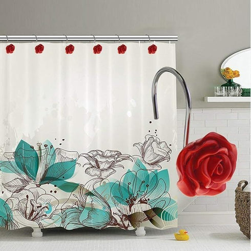 12 PCS Home Fashion Decorative Anti Rust Shower Curtain Hooks Rose Design Shower Curtain Rings Hooks (RED)...