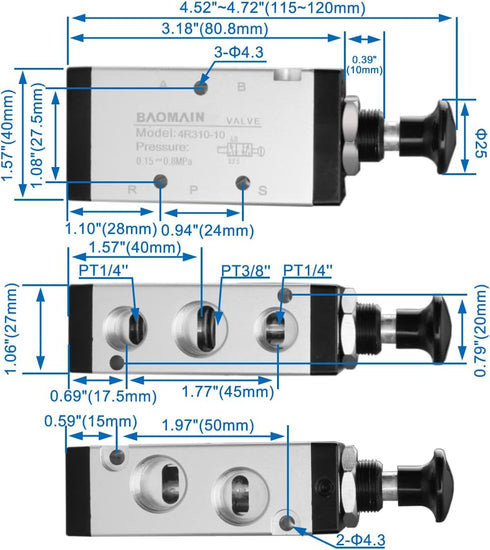 Baomain Hand Pull Valve 2 Position 5 Way G3/8 Air Hand Lever Operated Valve Pneumatic Solenoid Valve Manual Control Push-Pull 4R310-10...