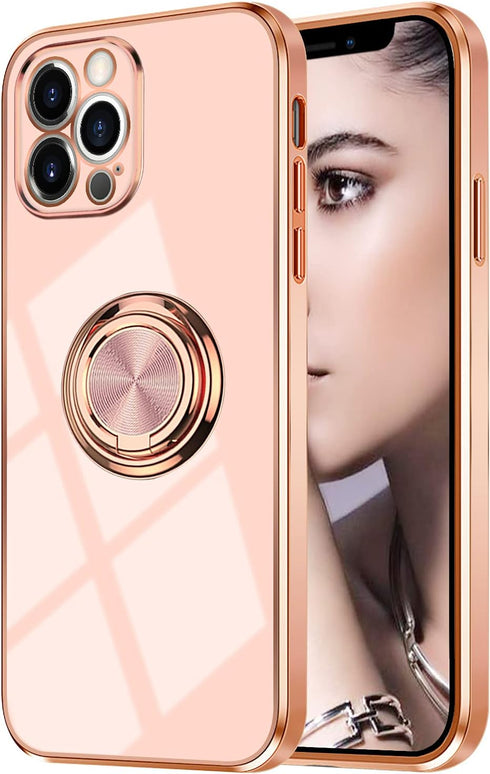 Omorro Rose Gold iPhone 13 Pro Case for Women - Kickstand Ring Holder with 360 Rotation, Magnetic Mount Compatible, Slim Luxury Girly Case in Pink...