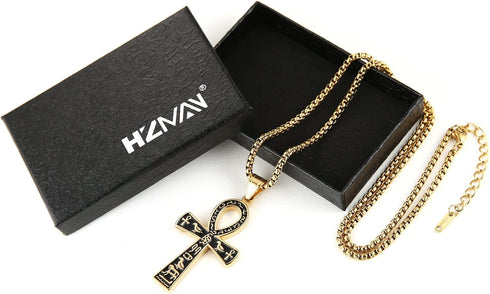 HZMAN Stainless Steel Large Ankh Cross Pendant Ancient Egyptian Hieroglyphic Symbol 22+2 Inch Chain...