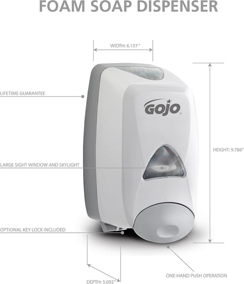 GOJO 515006 Liquid Foaming Soap Dispenser, 1250mL, 6 1/8w x 5 1/8d x 10 1/2h, Gray/White...