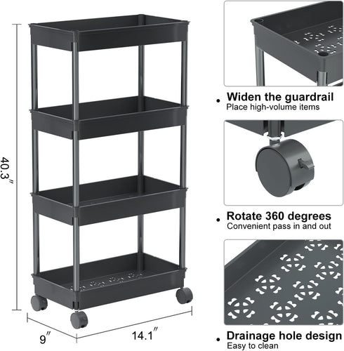 Sooyee 4 Tier Wide Storage Cart Mobile Shelving Unit Organizer Slide Out Storage Rolling Utility Cart Tower Rack for Kitchen Bathroom Laundry, Pla...