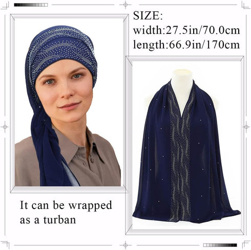 Woeoe Chiffon Muslim Hijab Navy Blue Rhinestone Long Scarf Lightweight Breathable Head Wrap Scarf Shawl for Women and Girls...