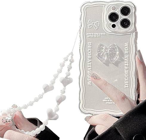 Casechics Compatible with iPhone Case,Cute 3D Crystal Bow Tie Bowknot Curly Wave Shape with Heart Wristband Strap Bracelet Chain Transparent Soft ...