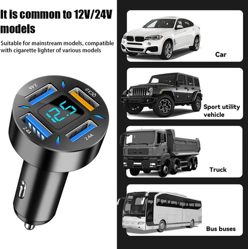 4 Ports USB Car Charger, 66W Super Fast Charging with QC 3.0, PD 20W and USB 2.4A Charger Adapter, Quick Charge with LED Voltmeter, Auto Cigarette...