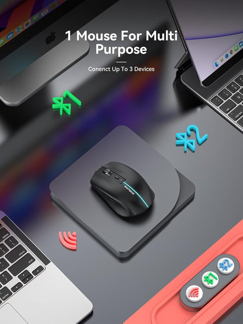 Bluetooth Wireless Mouse - (BT1/BT2+USB) Tri-Mode High Performance, Rechargeable, Quiet Click, Multi-Device Compatibility for Laptop, Computer, Ma...