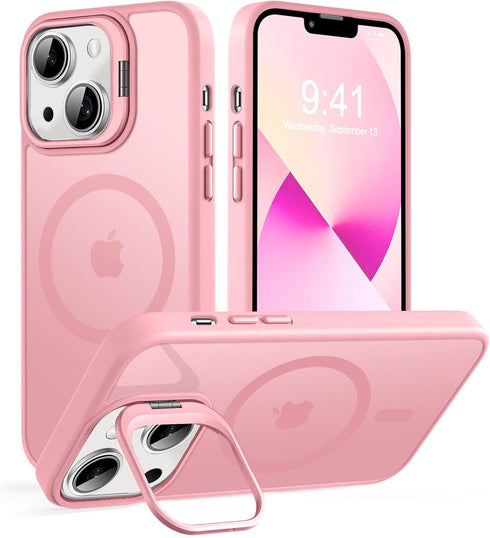 Magnetic for iPhone 13 Case & iPhone 14 case, Compatible with Magsafe, Built-in Stash Stand, Matte Scratch-Resistant Back Cover Shockproof Phone C...