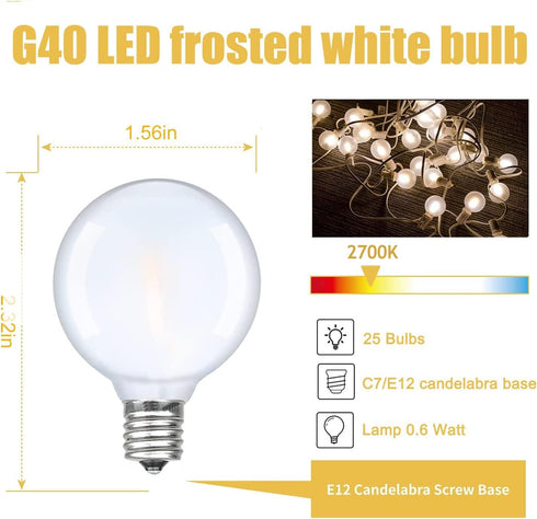 25 Pack G40 Frosted LED Replacement Bulbs, 0.6W Shatterproof LED Globe Light Bulbs, E12 Candelabra Base Frosted White Light Bulbs for G40 Outdoor ...
