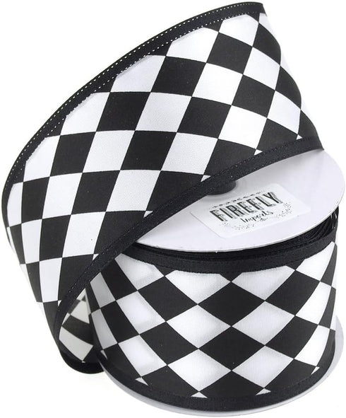 Homeford Harlequin Diamond Print Satin Wired Ribbon, 2-1/2-inch, 10-Yard, Black/White...