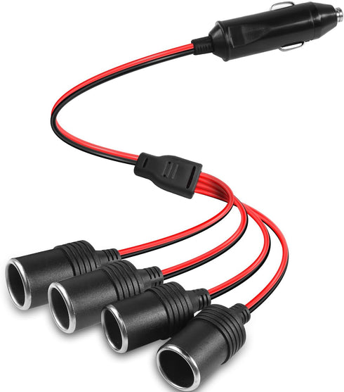 1 to 4 Car Cigarette Lighter 12v 24v Power Charger Adapter 4 Way Socket Car Cigarette Lighter Splitter Extension Cable 13AWG with 20A Fuse- 1FT/0....