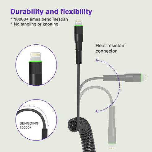 Coiled Lightning Cable Apple Carplay Compatible & MFi Certified, Short USB to Lightning Cable with Data Transmission and LED, Retractable iPhone C...