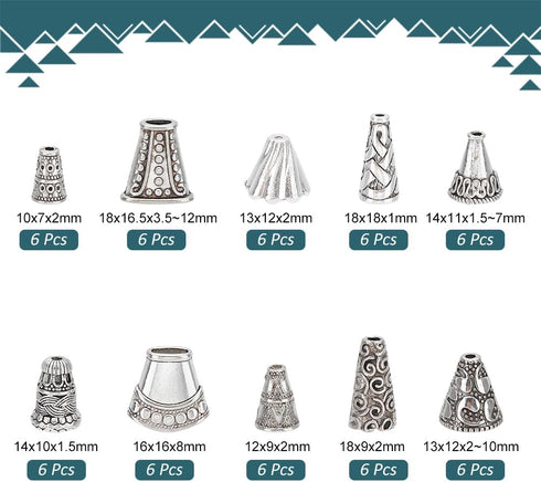 PH PandaHall 60pcs 10 Styles Cone Bead Caps, Tibetan Style Alloy Flower Bead Caps Spacers Tassel End Cap for Earring Necklaces Keychain Pendants J...