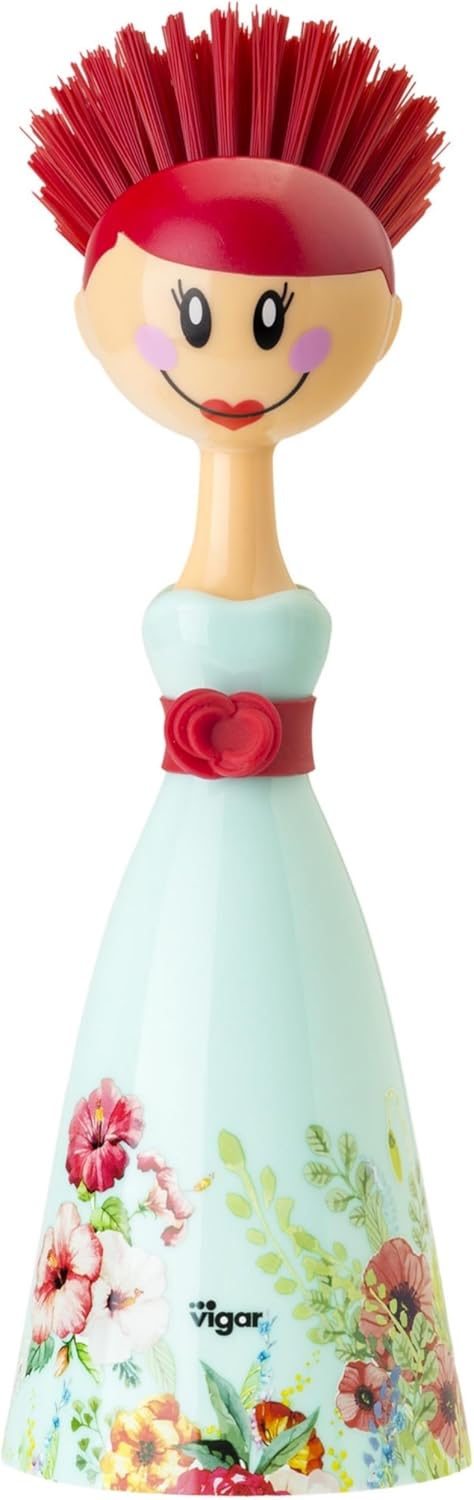 Vigar Dolls Dish Brush with Ergonomic Handle and Dres-shaped Storage Holder - Scrub Brush for Pans, Pots, Kitchen Sink Cleaning, Blue/Pink...