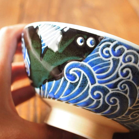 Minorutouki Rice Bowl Extra Large White Wave Whale Blue ?5.8×H2.6in 7.76oz Made in Japan...