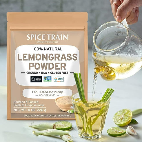 SPICE TRAIN Lemongrass Powder (226g/8oz) Non GMO, Gluten Free, 100% Raw, Sourced from India, For Cooking, Smoothies, Tea, Packed in Resealable Zip...