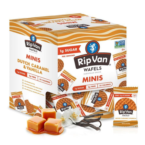 Rip Van Wafels Dutch Caramel Mini Stroopwafels, Low Carb Snacks, Non GMO Snack, Keto Friendly, Office Snacks, Low Calorie Snack, Low Sugar, 32 Pac...