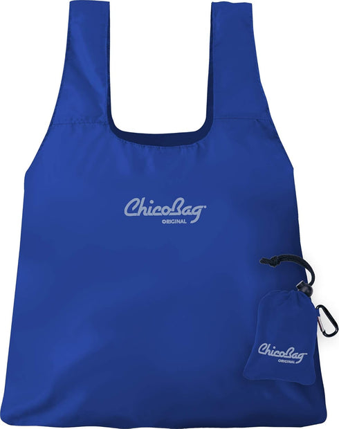 ChicoBag Original Compact Reusable Grocery Bag with Attached Pouch and Carabiner Clip- 4 Pack Blue...