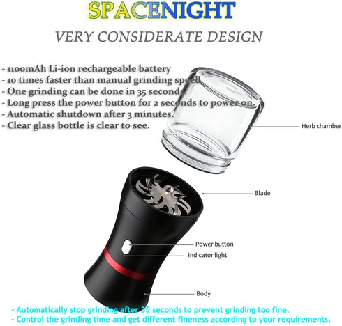 Spacenight Electric Herb Grinder, USB-Rechargeable, 2pcs 1.7oz Glass Herb Chamber - Ideal for Everyday Carry...