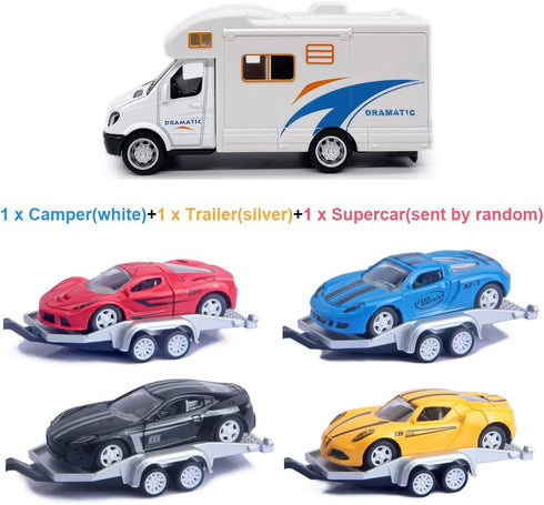 Toy Camper RV Trailer Towing Supercar Sports Model Car Diecast Motorhome Toys for Boys Pull Back Toy Cars, Beach Sandbox Outdoor Adventure Play Se...