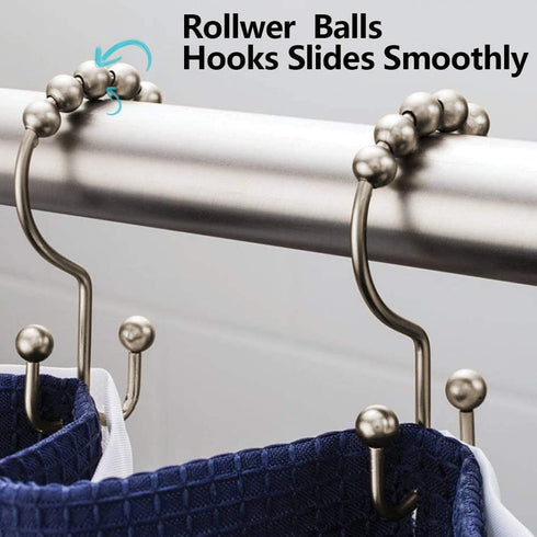 DAWNER Shower Curtain Hooks, Rust Proof Metal Easy Glide Double Rings, Stainless Steel Hangers for Bathroom Curtains, Set of 12, Brushed Nickel...