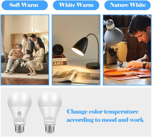 A19 3-Color LED Light Bulbs with Soft Warm, Warm White and Daylight, Color Changing Light Bulb, Multicolor Light Bulb, 9W(60 Watt Equivalent,), 80...