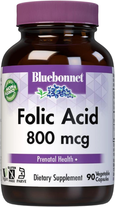 BlueBonnet Nutrition Folic Acid 800mcg, Healthy Neurological Development*, Soy-Free, Gluten-Free, Non-GMO, Kosher Certified, Dairy-Free, Vegan, 90...