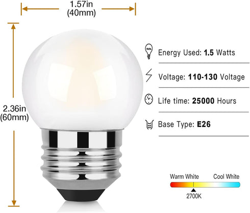 G40 Low Wattage LED Light Bulbs 1.5w Equivalent to 15 Watt E26 Base Light Bulb G14 Frosted Small Light Bulbs Warm White 2 Pack...