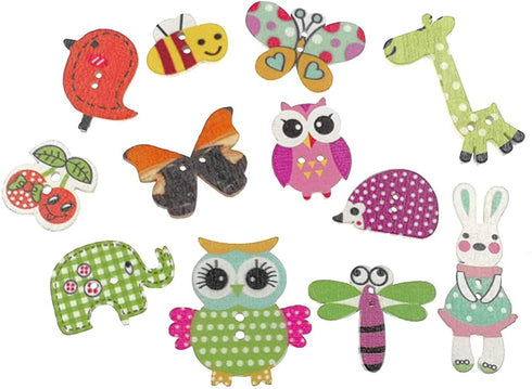 Kinteshun Wooden Buttons Natural Wood 2-Holed Fastener Buttons for Sewing Knitting Handcraft(100pcs,Assorted Cartoon Animals Printing Patterns)...