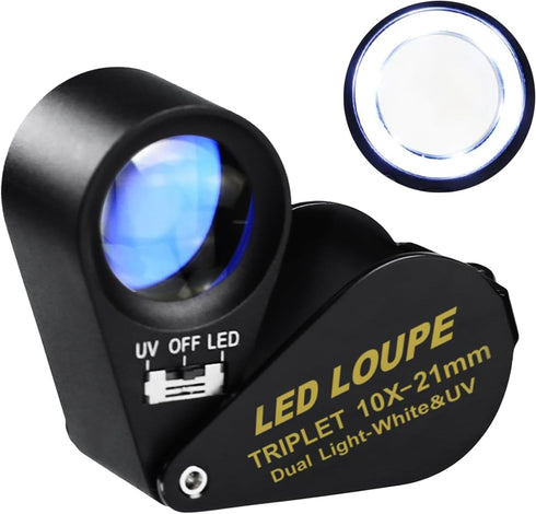 Illuminated Jewelers Loupe Magnifier, Foldable Jewelry Magnifier with 6 LED & UV Lights, Hastings Triplet Loupe 10X for Gems, Jewelry, Coins, Stam...