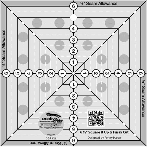 Creative Grids 6-1/2in Square It Up or Fussy Cut Square Quilting Ruler – CGRSQ6 – Made in USA, Non-Slip Grip Acrylic Quilting, Sewing, Crafting, P...