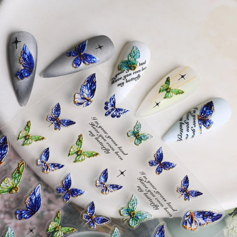 Butterfly Nail Art Stickers Decals 5D Embossed Butterfly Nail Decals Acrylic Engraved Design Nail Stickers Blue and Green Butterfly Self-Adhesive ...