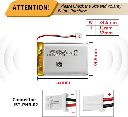 EEMB 3.7V Lithium ion Battery 1800mAh 103450 Rechargeable 3.7 Volt Lipo Battery Pack with Wire JST Connector for Speaker and Dashcam- Confirm Size...