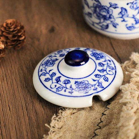 Retro Ceramic Blue and White Sugar Bowl Seasoning Pot Storage Jar with Lid...