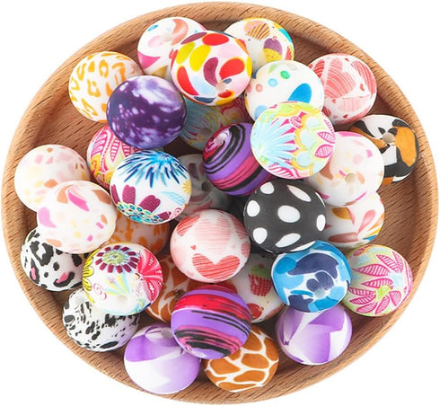 50Pcs Silicone Printed Beads 15mm, Leopard Cow Animal Print Beads, Flower Leaves Plaid Beads, Loose Round Silicone Spacer Beads, for Adults DIY Cr...