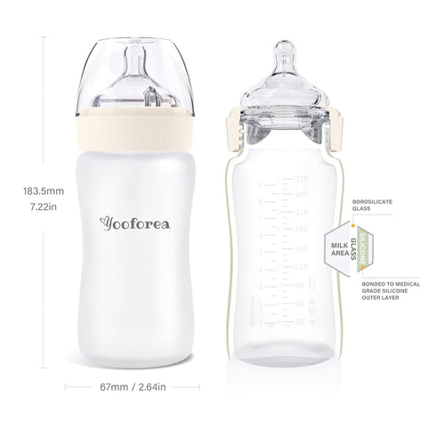 Yooforea Silicone Coated Glass Baby Bottle, 6M+ Fast Flow Nipple I Anti-Colic, Wide Neck, Stable Base I Medical-Grade Silicone Coating for Shatter...