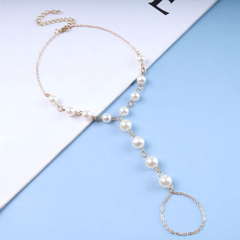 Boho Pearl Barefoot Sandals Ankle Gold Pearl Toe Ring Anklet Summer Beach Chain Bracelet Foot Ankle Chain Jewelry for Women...