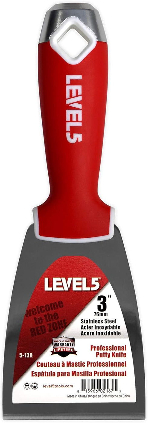 3" Soft-Grip Stainless Steel Drywall Joint Knife - LEVEL5 | Pro-Grade | Comfortable Finishing Hand Tool | Metal Hammer End | Sheetrock Gyprock Pla...
