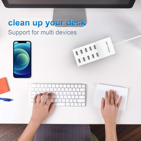 QIONMAR USB Wall Charger USB Charging Station for Multiple Devices USB Charger 10-Ports Power Hub Strip Smart Plug Charging Dock Charge Block Comp...