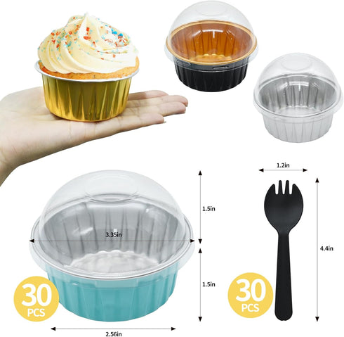 Disposable Ramekins, Gold 30pcs 5oz Mini Aluminium Foil Baking Cups with Lids Creme Brulee Cupcake Liners, Desert Cheesecake Pans Flan Molds for P...