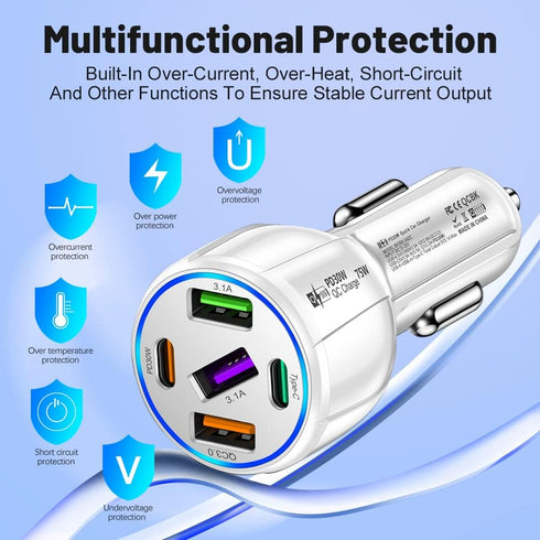 5-Port USB Car Charger,75W Type C Car Charger Fast Charge, Car Accessories Cigarette Lighter USB Charger Compatible with iPhone 14/13/12/Mini/Pro/...