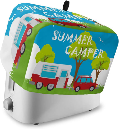 Toaster Cover 4 Slice, Summer Holiday Happy Camping Camper Design Bread Maker Cover Toaster Dust Cover with Pockets, Dust-Proof Cover for Kitchen ...