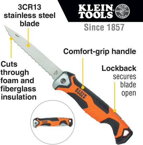 Klein Tools 31733 Insulation Knife, Cuts Foam and Fiberglass with Serrated Stainless Steel Folding Blade and Lockback Mechanism...