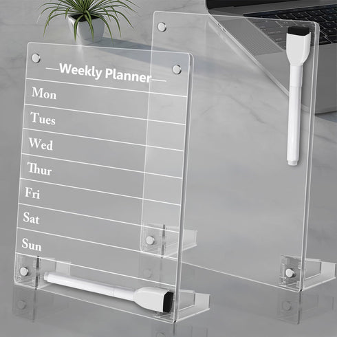 2PCS Small Desktop Whiteboard, Magnetic Acrylic Dry Erase Board for Desk, 12x8" Clear Acrylic Calendar Fridge Weekly Planner with Stand and Marker...