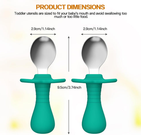 4 Pcs Baby Spoons Toddler Spoons for Self Feeding, Kids Spoons with Silicone Round Handle, Stainless Steel Toddler Utensils Children Safe Silverwa...